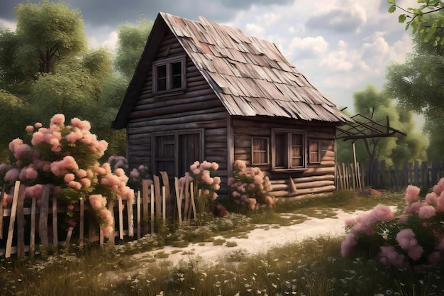 Vintage Wooden House Surrounded by Lush Trees and Blooming Flowers Generative AI