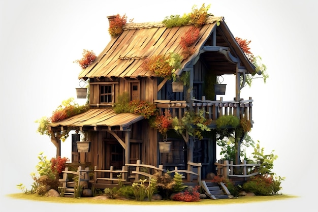 Vintage Wooden House Surrounded by Lush Trees and Blooming Flowers Generative AI