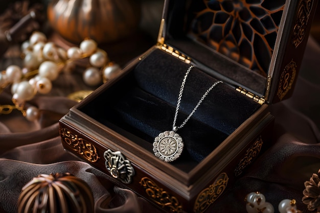 Vintage Wooden Jewelry Box with Silver Pendant and Pearl Strands