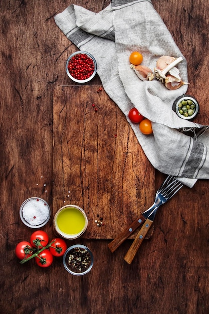 Vintage wooden kitchen table background empty place for text top view