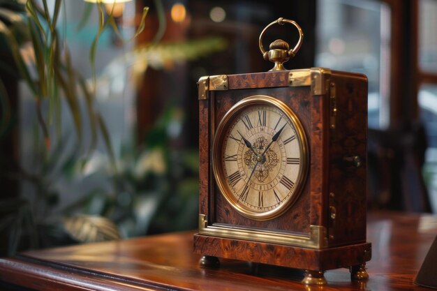 Vintage wooden mantel clock on desk