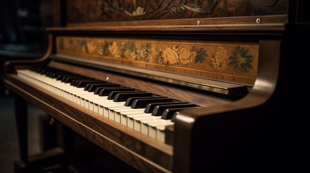 Vintage wooden piano in closeup shot