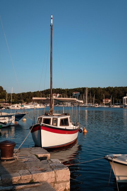 Vintage Wooden Yacht Moored on Shore of Island Hvar Dalmatia Croatia