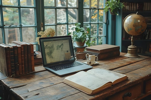 Vintage workspace with laptop books and globe by a window with natural light