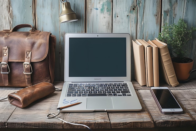 Vintage workspace with laptop leather bag books and smartphone on wooden table