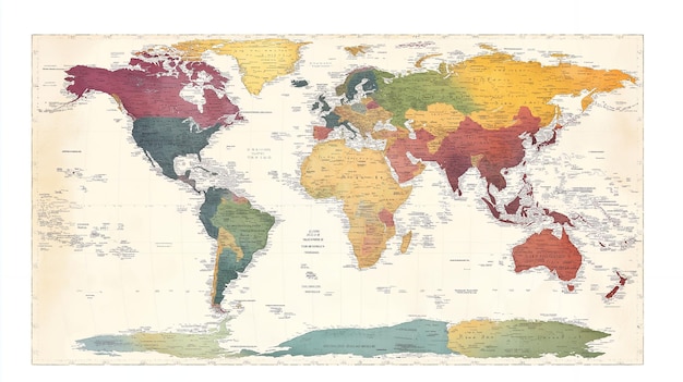 Photo vintage world map with continents countries and oceans labeled in faded ink