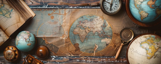 Vintage world map with globes books and compass for backtoschool geography learning