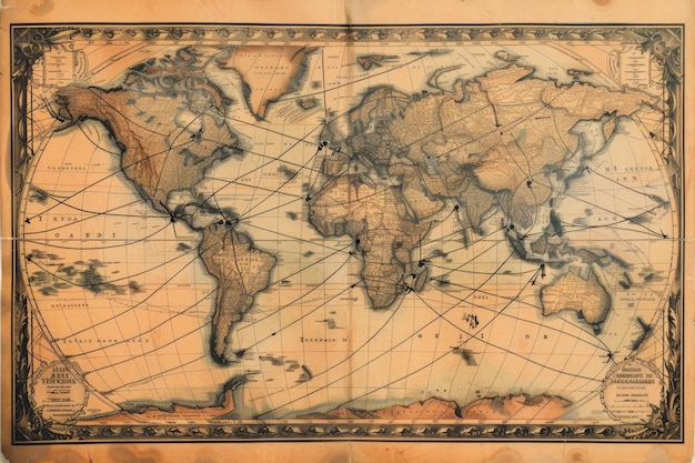 Photo vintage world map with lines connecting various points representing the global network of topaz trade routes a world map with interconnected lines representing trade routes