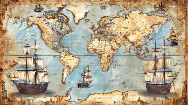 A vintage world map with three ships sailing on the ocean