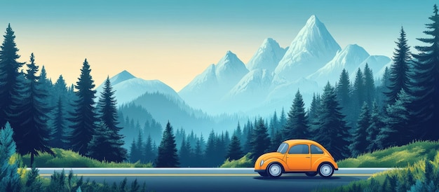 Photo vintage yellow car on scenic mountain road with pine trees and majestic peaks in the background