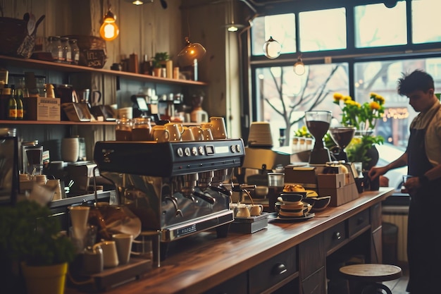 A vintageinspired coffee shop with baristas making latte art Cozy cafe bistro with blurred background and wooden montage AI generated