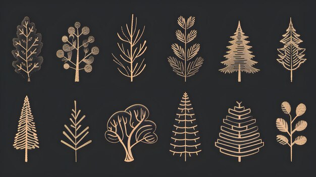 Photo a vintageinspired collection of tree silhouettes in a monochromatic design featuring various coniferous tree species arranged in a grid on a distressed black background