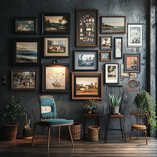 Photo vintageinspired gallery wall with eclectic frameshighly detailed 8k