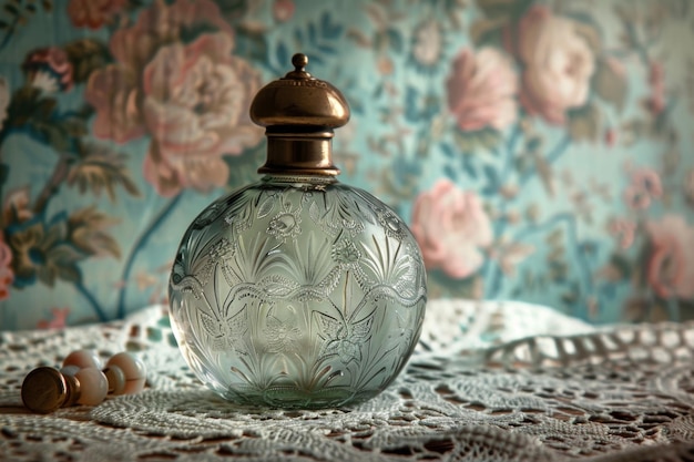 VintageInspired Perfume Bottle with Etched Glass and Bronze Cap