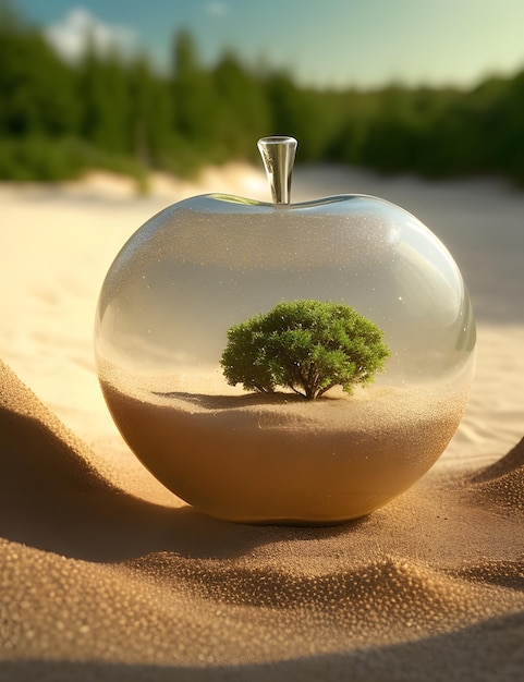 a vintages detailed sand with some tiny grass the underlying backdrop into the glossy glass apple