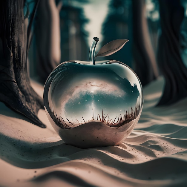 a vintages detailed sand with some tiny grass the underlying backdrop into the glossy glass apple