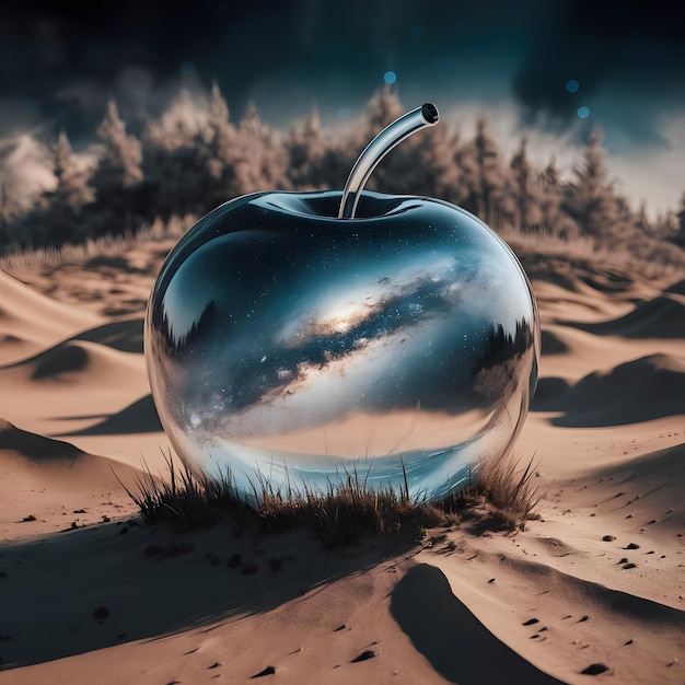 a vintages detailed sand with some tiny grass the underlying backdrop into the glossy glass apple