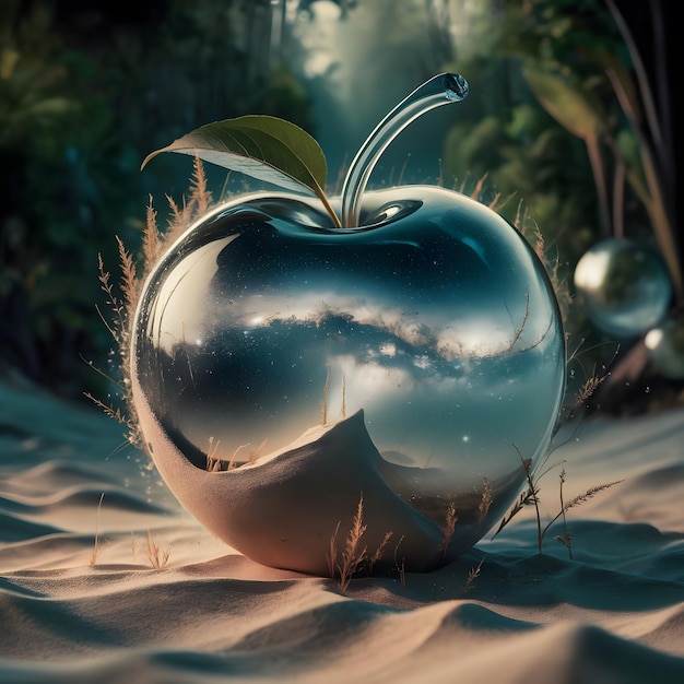 a vintages detailed sand with some tiny grass the underlying backdrop into the glossy glass apple