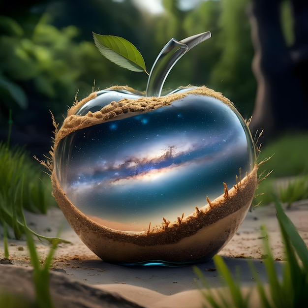 a vintages detailed sand with some tiny grass the underlying backdrop into the glossy glass apple