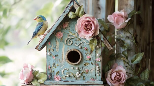 Photo a vintagestyle birdhouse with a distressed antique finish embellished with large pink roses pe