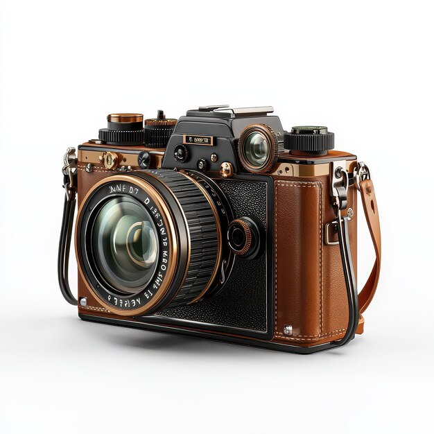 Vintagestyle camera with a leather finish and intricate details on a white background