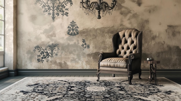 Photo a vintagestyle empty room with an ornate chair and floral wallpaper symbolizing nostalgia elegance a