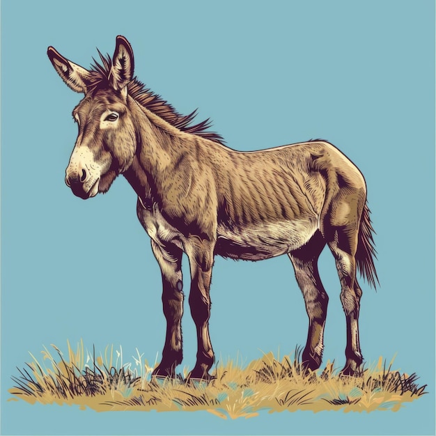 A vintagestyle illustration of a donkey standing in a pasture with a vibrant blue background