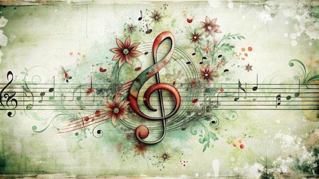 A vintagestyle illustration featuring a treble clef surrounded by musical notes flowers and a textured background