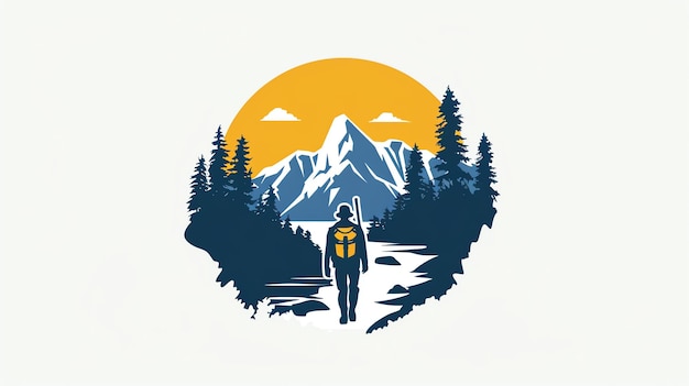 A vintagestyle illustration of a hiker with a backpack walking towards a mountain landscape with a large sun and a crescent moon in the background