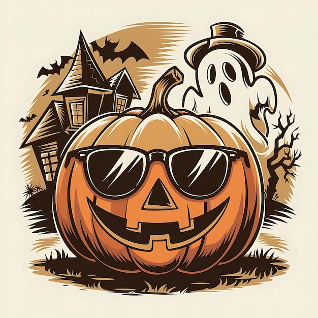 Photo a vintagestyle illustration for a tshirt of a smiling halloween pumpkin