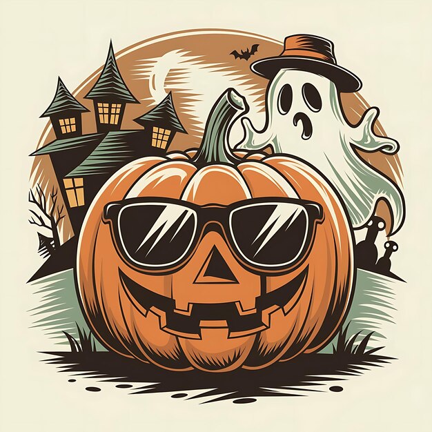 Photo a vintagestyle illustration for a tshirt of a smiling halloween pumpkin