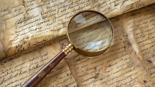 A vintagestyle magnifying glass lying on an old parchment paper filled with handwritten text