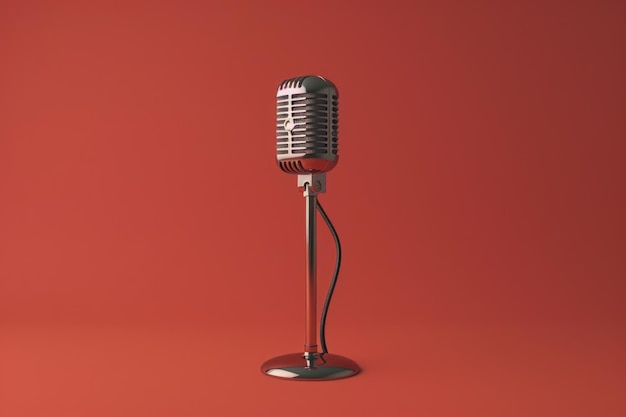 A vintagestyle microphone sitting on a bright red surface