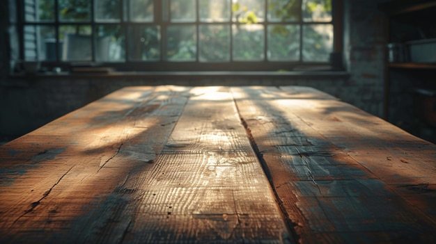 Vintagestyle photo of a worn antique table in a workshop setting with sunlit and shadowed areas