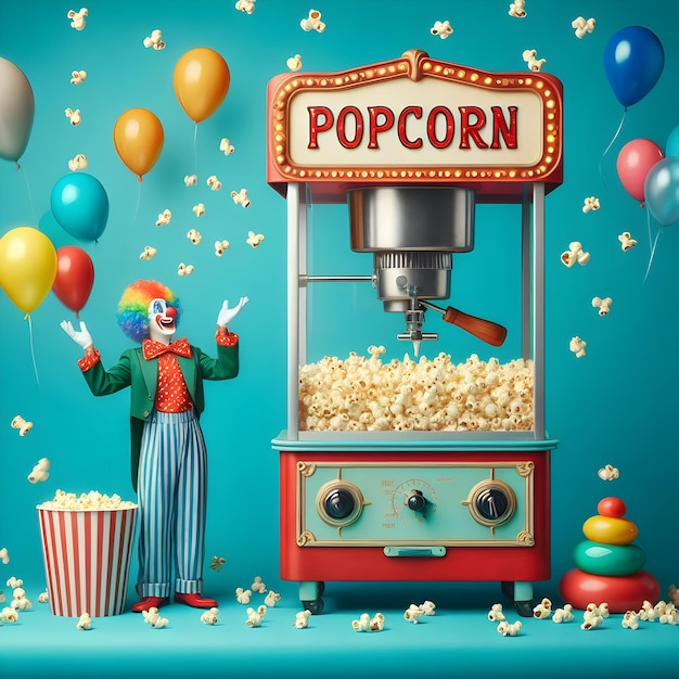 Photo a vintagestyle popcorn machine pops kernels into the air while a cheerful clown juggles bright bal