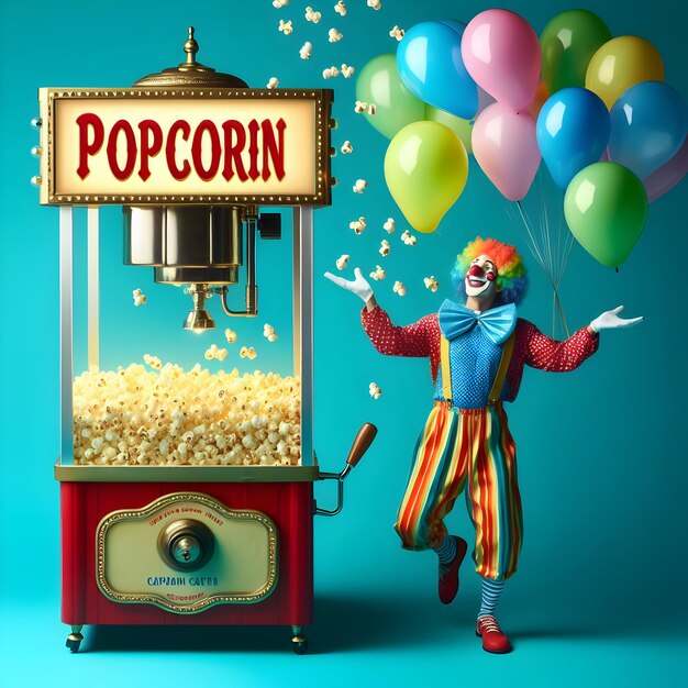 Photo a vintagestyle popcorn machine pops kernels into the air while a cheerful clown juggles bright bal