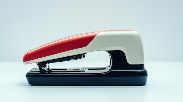 Photo a vintagestyle stapler rests on a plain surface against a neutral backdrop illustrating its sleek design and color contrast