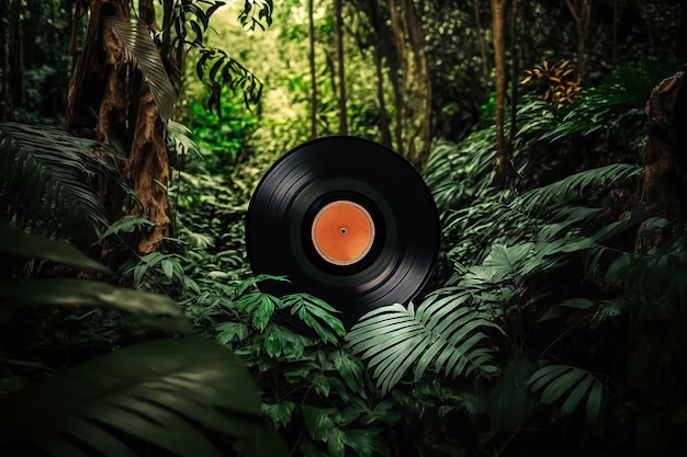 Vinyl record on green jungle background Generative AI