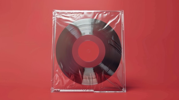 Photo vinyl record in a plastic case on red background