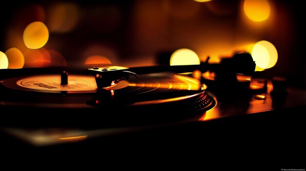 A vinyl record on a retro music player in closeup in golden light