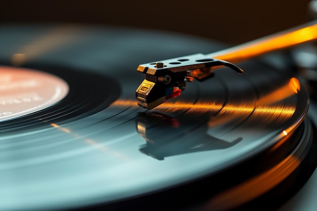 Vinyl record spinning on a turntable emitting warm sound waves