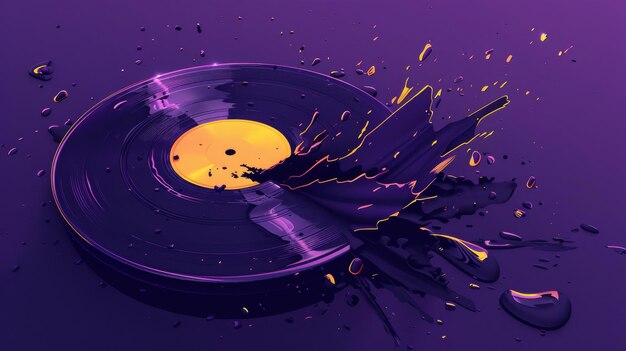 Photo vinyl record splashing paint abstract art on purple background