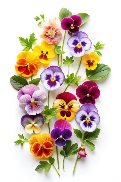 Viola pansy flower banner Colorful spring flowers and leaves collection isolated on white background Creative layout Floral design element Springtime and easter concept