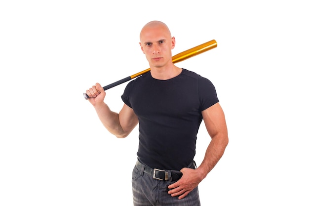 Violence and aggression concept furious screaming angry man hand holding baseball sport bat