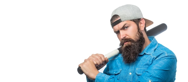 Violence and aggression concept man hand holding baseball sport bat Beardman holding a baseball bat Isolated white background Man swung the bat