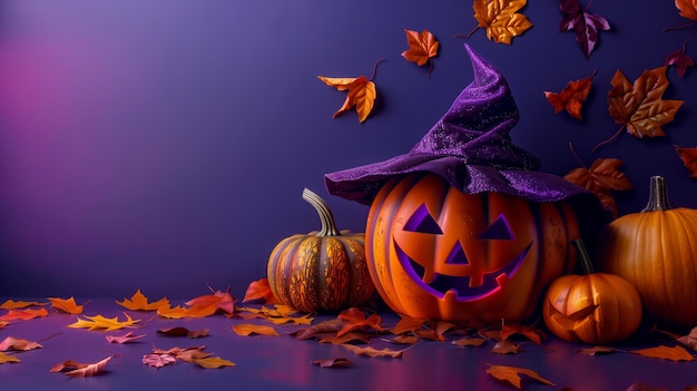 Violet background Halloween pumpkin with a witchs hat and autumn leaves