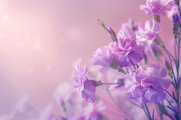 violet carnation flowers on pastel light colored pink background