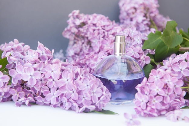 Violet circle perfume bottle decorated lilac flowers