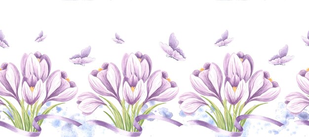 Violet crocuses with butterflies and ribbons seamless border hand drawn watercolor illustration