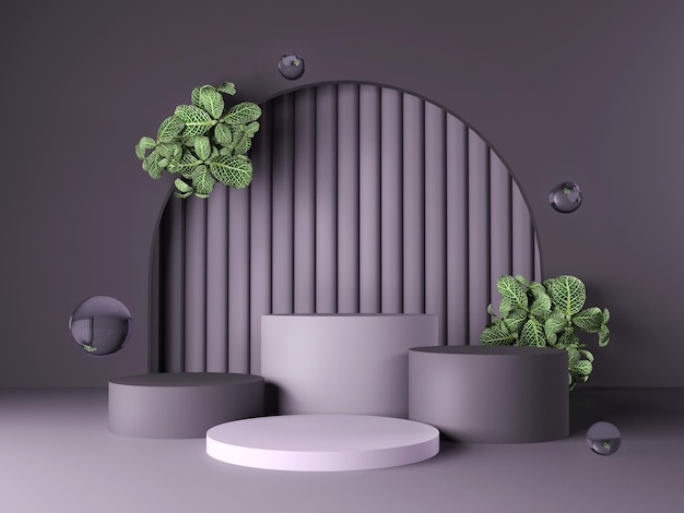 Violet empty mock up space with multiple platforms and green leaf decoration 3D Rendering